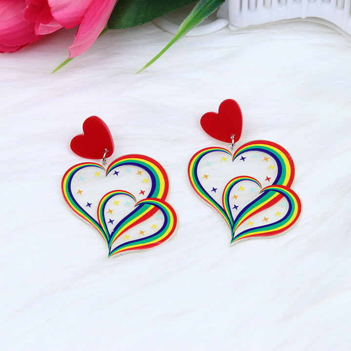 Acrylic Stitching Fashion Peach Heart Rainbow Earrings