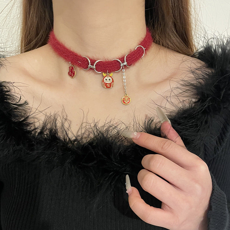 Dragon Red Plush Choker Necklace