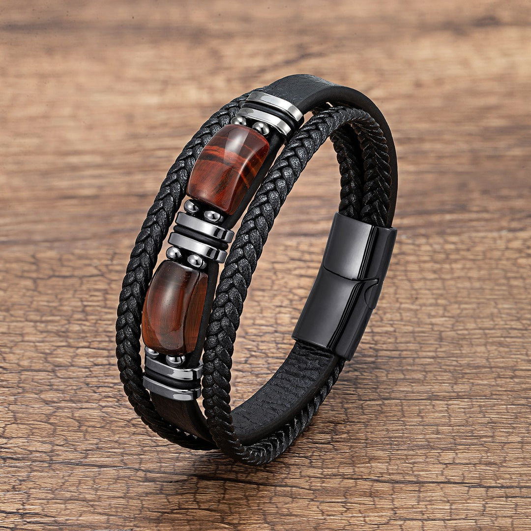 Tiger Eye Bracelet Men's Multi-layer Leather Rope Stainless Steel