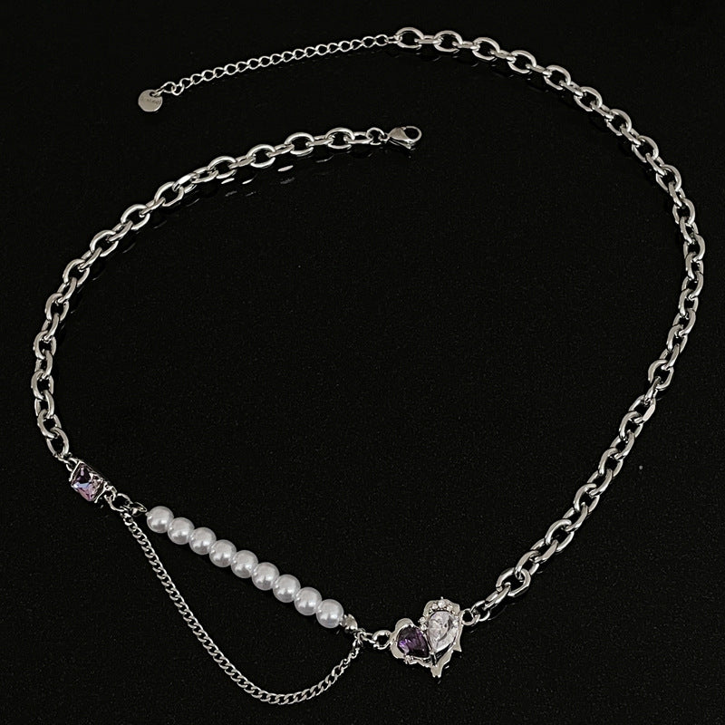 Sweet Cool Purple White Diamond Heart-shaped Multi-part Pearl Necklace