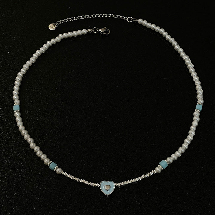 Blue Loving Heart Stitching Small Pieces Of Silver Pearl Necklace