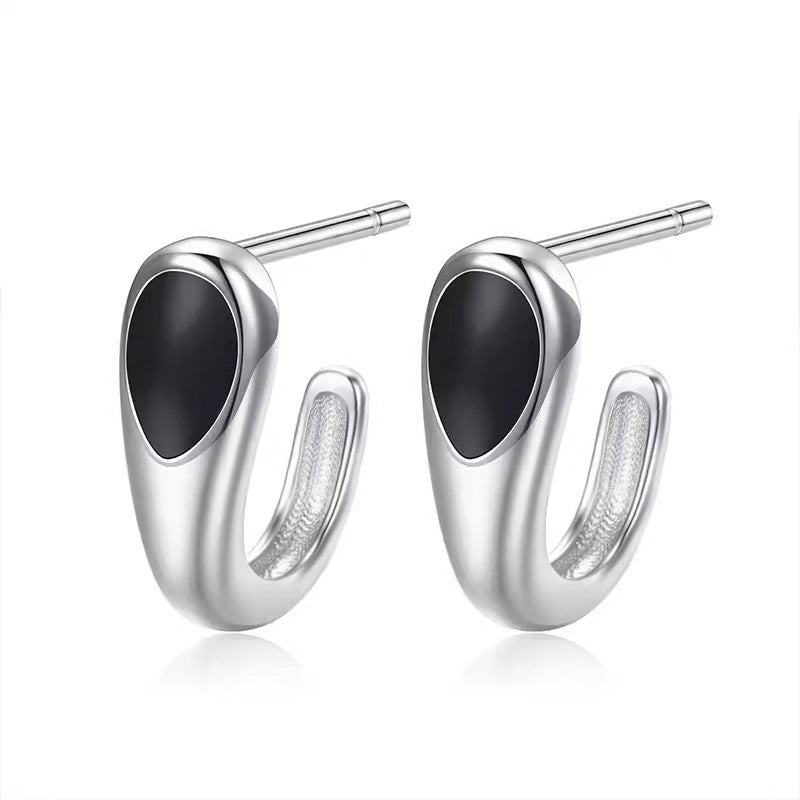 Sterling Silver Black Water Drop Ear Studs Men's Fashion