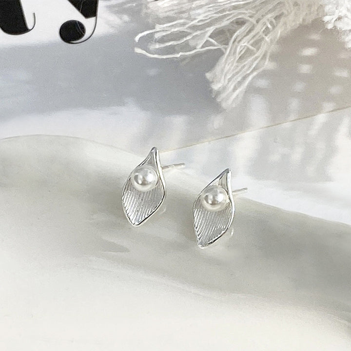 Women's Sterling Silver Pearl Leaf Stud Earrings