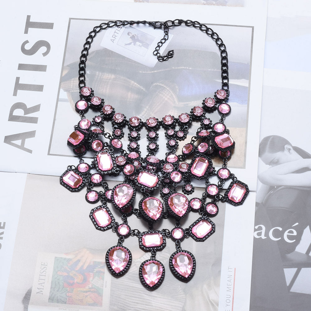 Creative Exaggerating Retro Multi-layer Style Alloy Inlaid Jewel Necklace