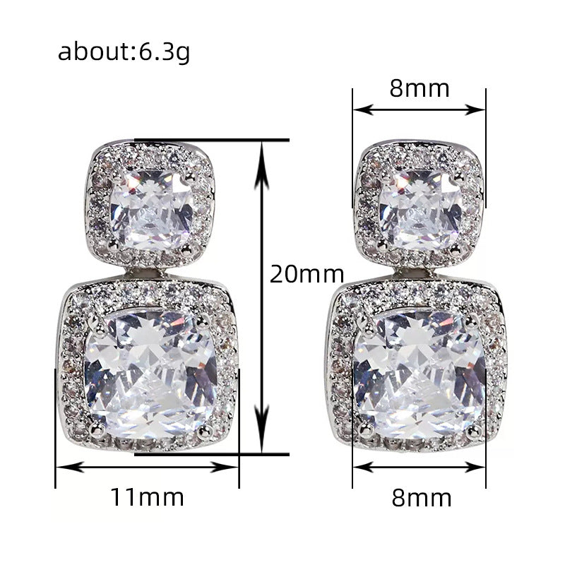 Square Shiny Zircon Stud Earrings Luxury Women