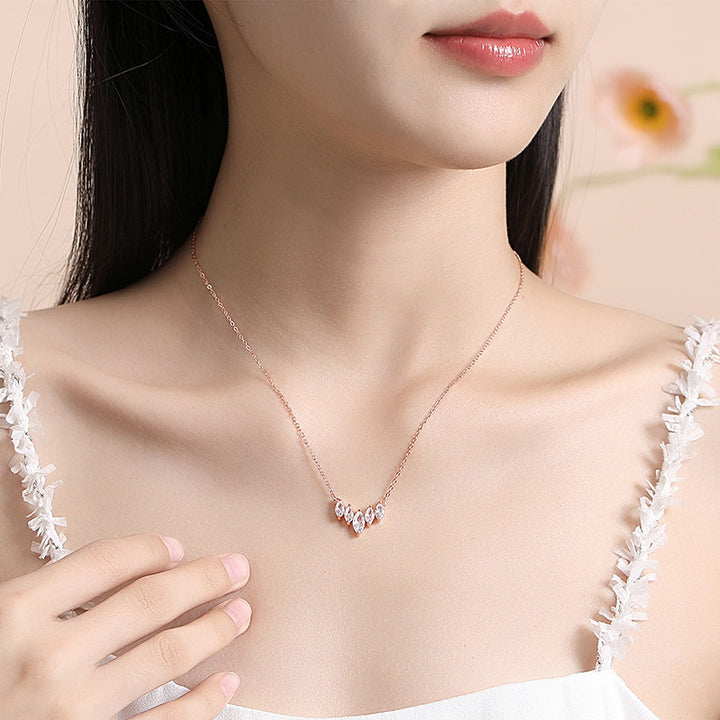 S925 Silver Small Water Drop Necklace Women's Letter V-shaped Zircon