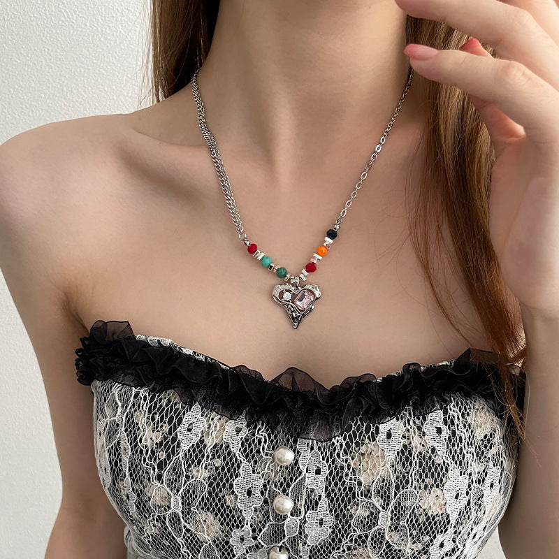 Colorful Beaded Stitching Heart Necklace