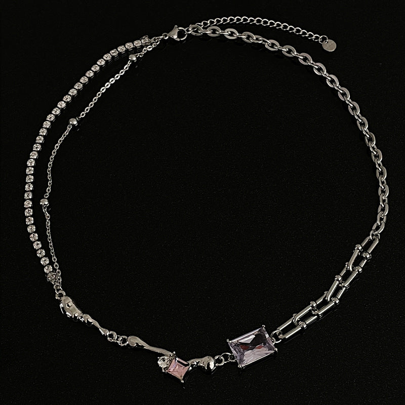 Simple Pink And White Square Diamond Necklace Light Luxury