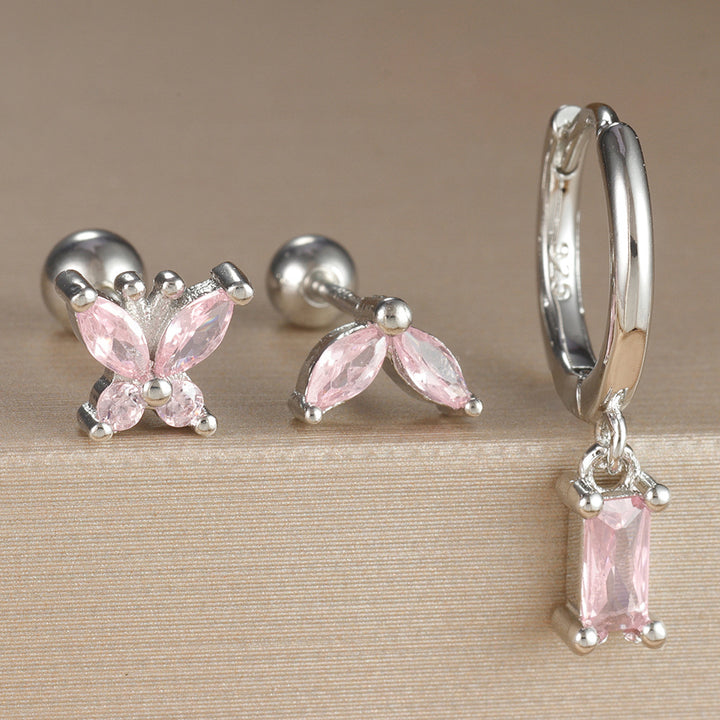 Geometric Butterfly Zircon Square Stud Earrings 3PCs