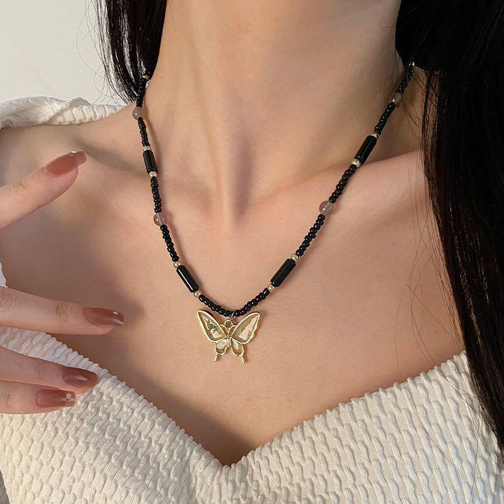 Black Beaded Butterfly Pendant Necklace