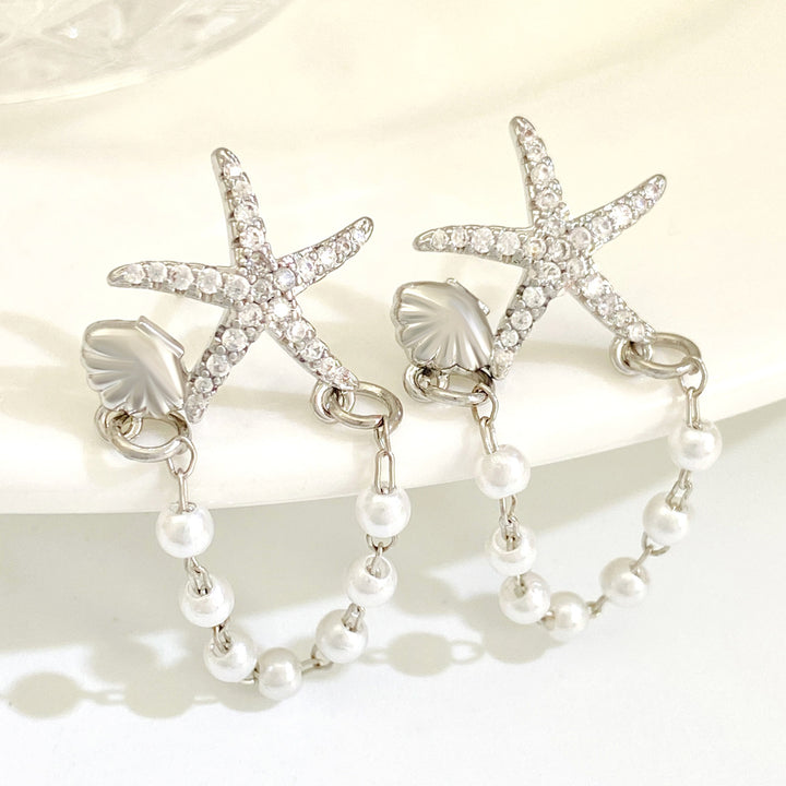 Fashion Diamond Starfish Shell  Pearl Earrings