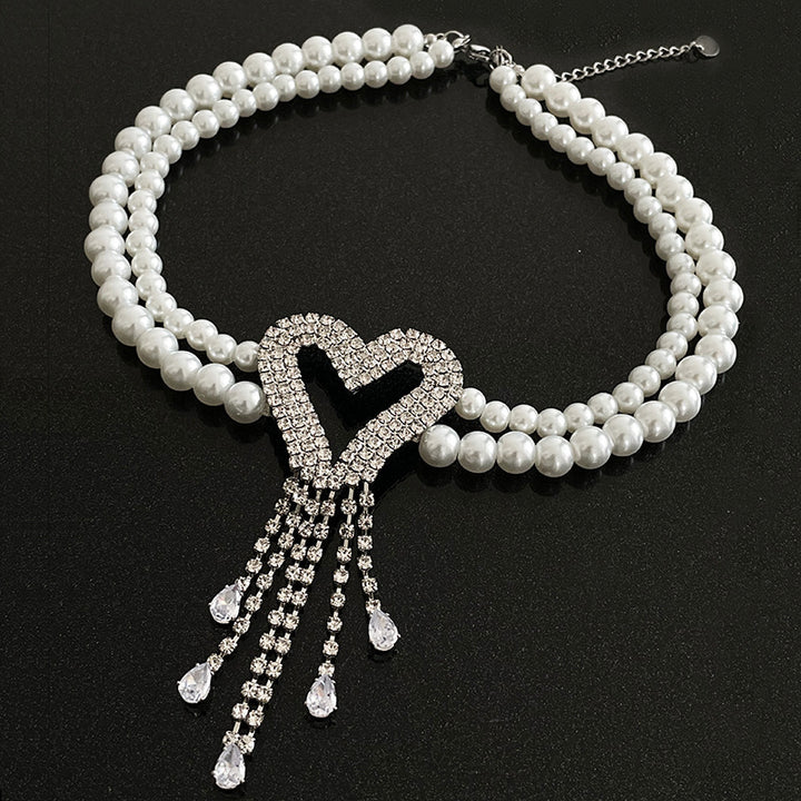 Fully Jeweled Loving Heart Tassel Stitching Pearl Necklace