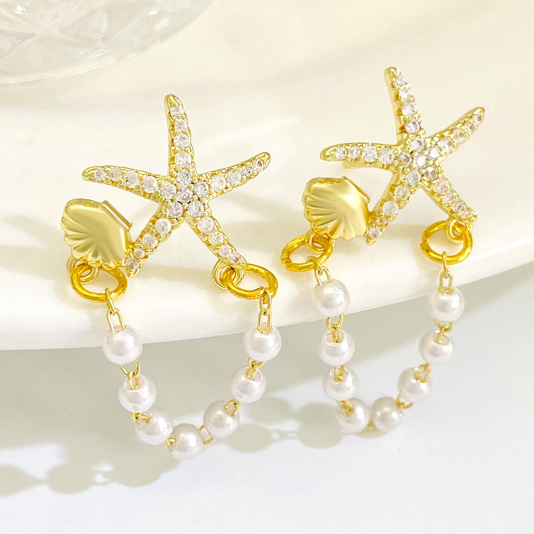 Fashion Diamond Starfish Shell  Pearl Earrings