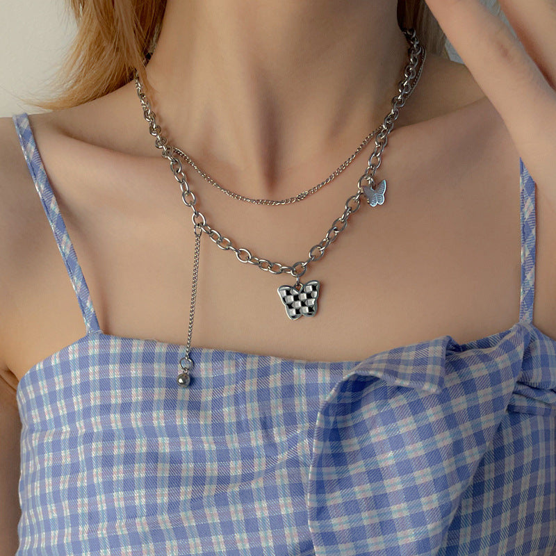 Black And White Checkered Double-layer Butterfly Necklace