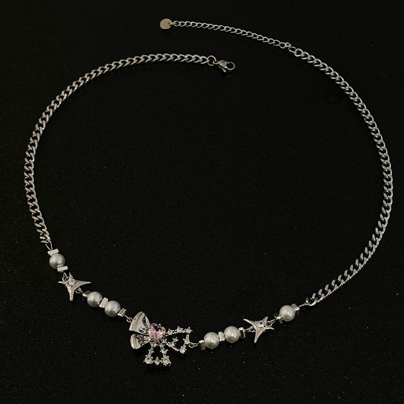 Love Pearl Stitching Bow Necklace