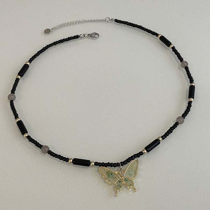 Black Beaded Butterfly Pendant Necklace