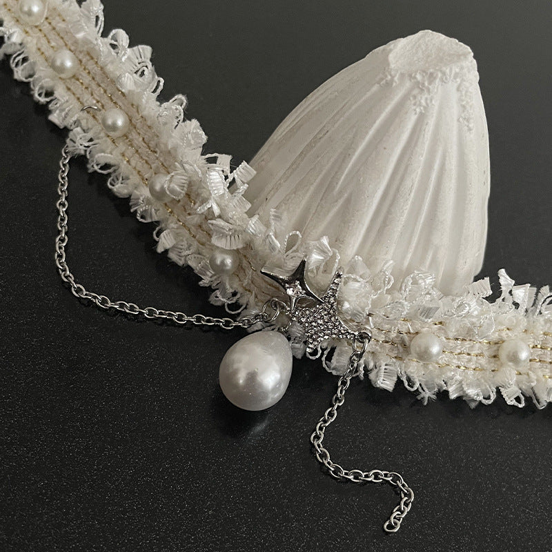 White Lace Asterism Pearl Tassel Necklace