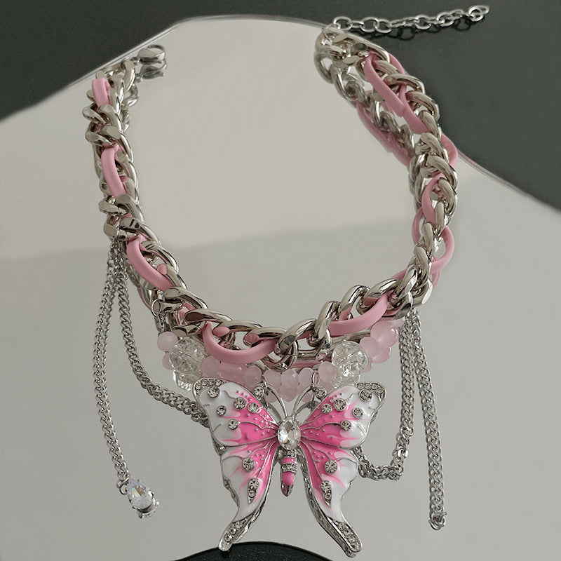 European And American Exaggerated Heavy Industry Pink Butterfly Woven Necklace