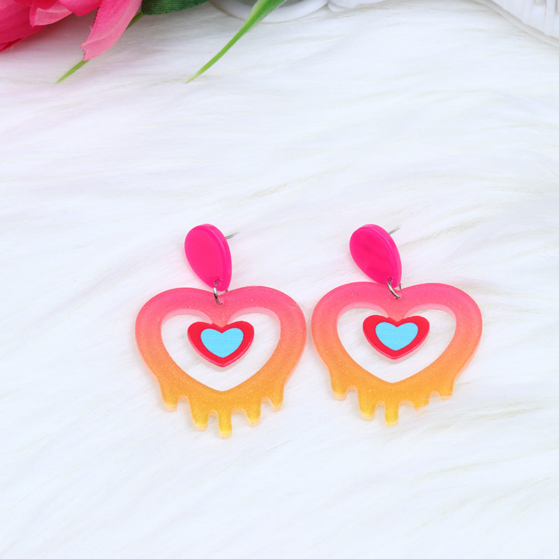 Acrylic Stitching Fashion Peach Heart Rainbow Earrings