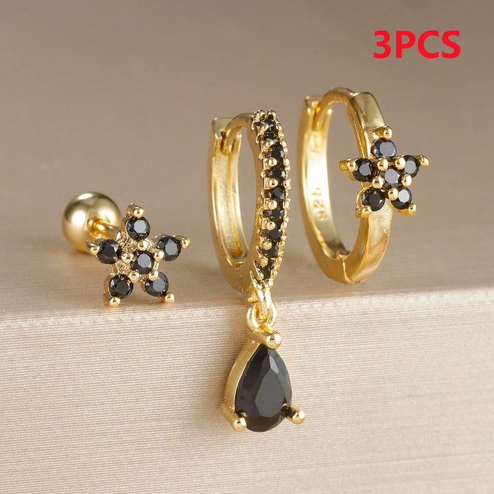 Flower Rhinestone-embedded Twin Stacked Earrings Water Drop