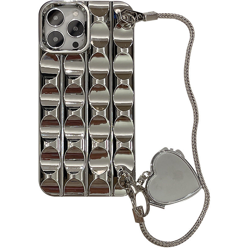 Electroplating Silver Heart Shape Mirror Chain Phone Case