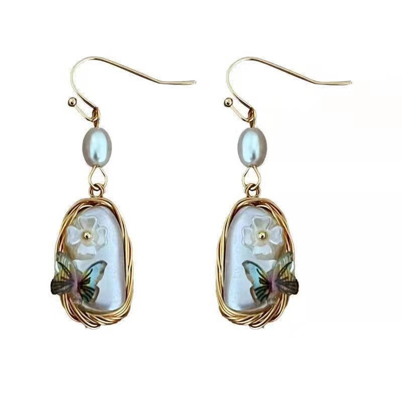 Chinese Retro Butterfly Flower Women's Baroque Pearl Earrings