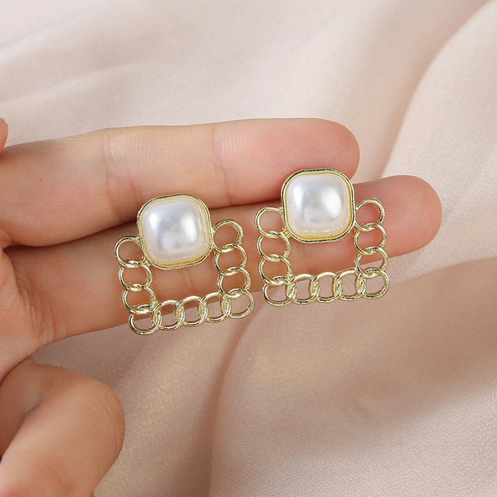 Fashion Chain Geometric Square Ear Studs Pearl Vintage