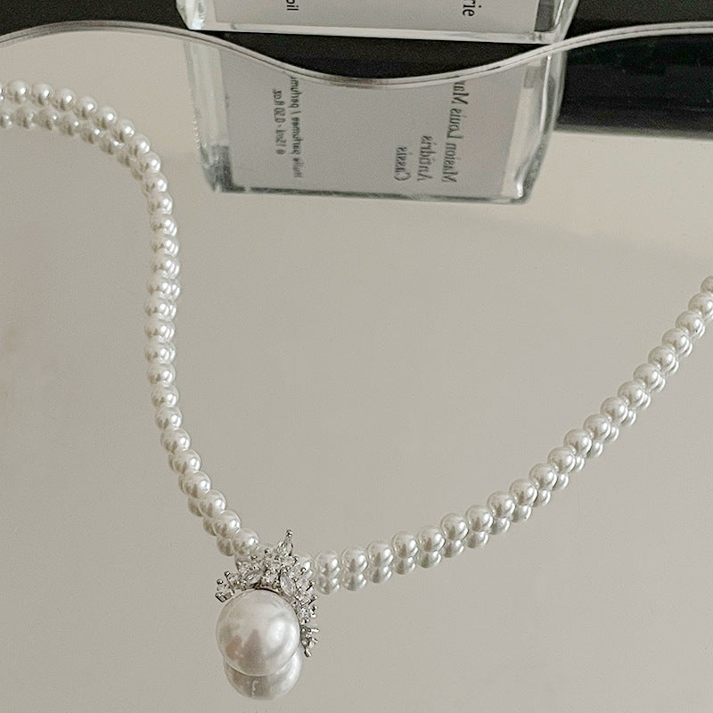 French Style Temperament Crown Zircon Pendant Pearl Necklace