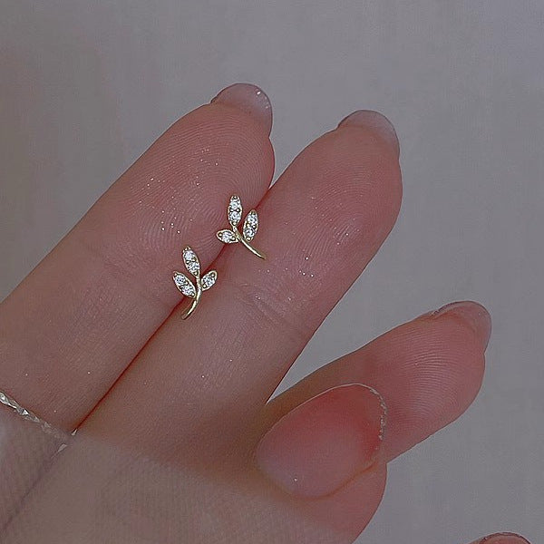 Stud Earrings Mini Rhinestone Olive Branch Female