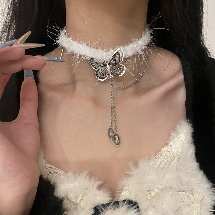 White Plush Choker Butterfly Water Drop Tassel Necklace