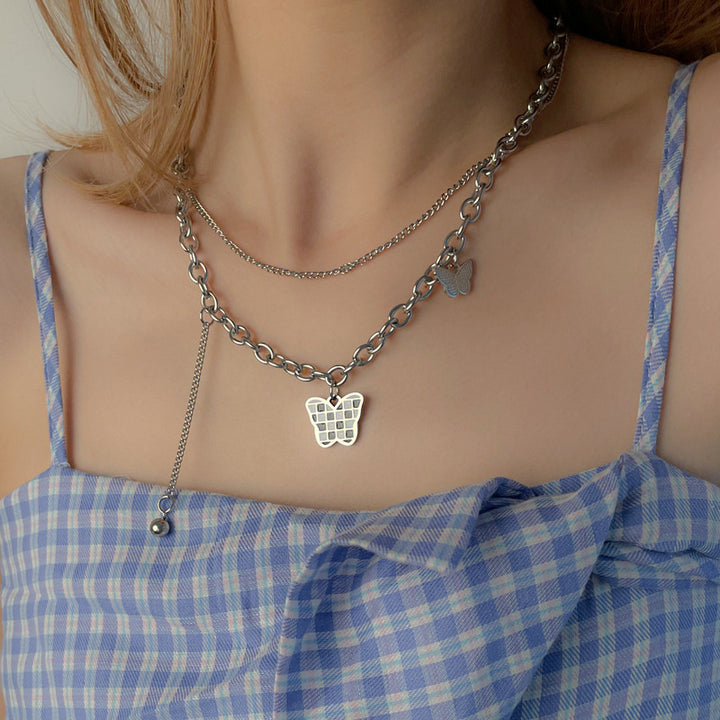 Black And White Checkered Double-layer Butterfly Necklace