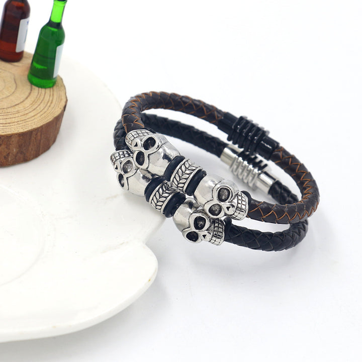 Men's Vintage Alloy Skull Woven Leather String Bracelet