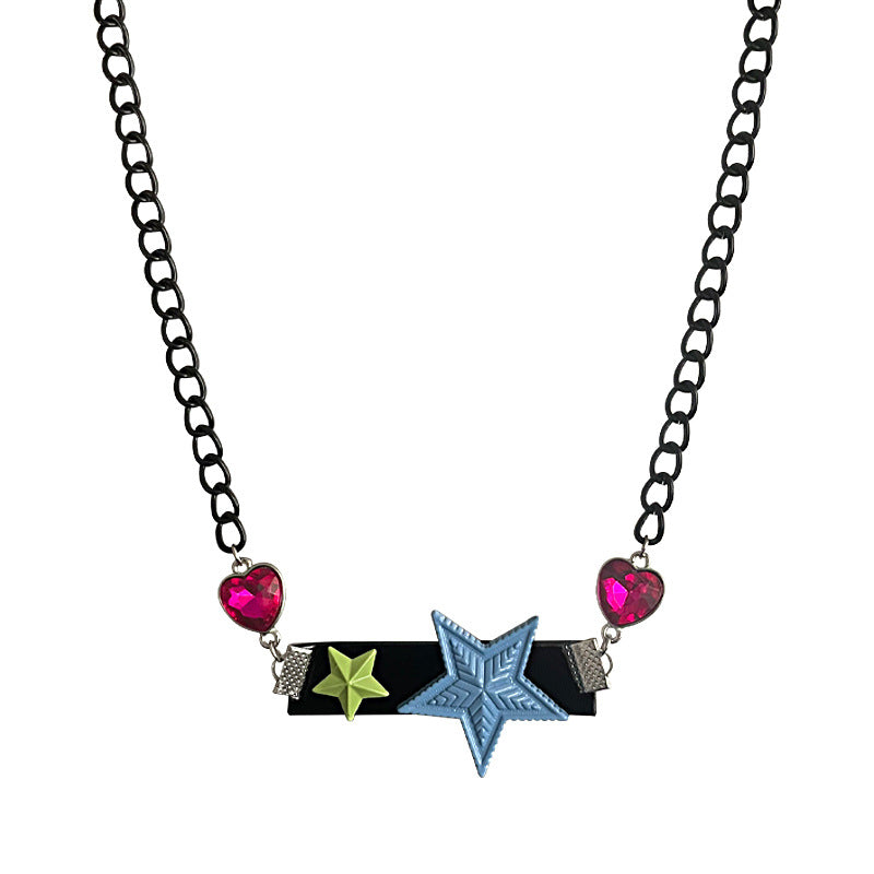 Color Stitching Stars Black With Love Chain Necklace