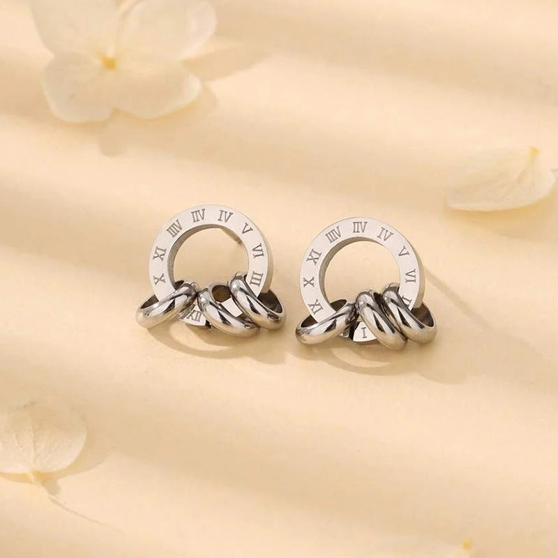 Fashion Roman Numerals Ring Ear Studs Female Creative