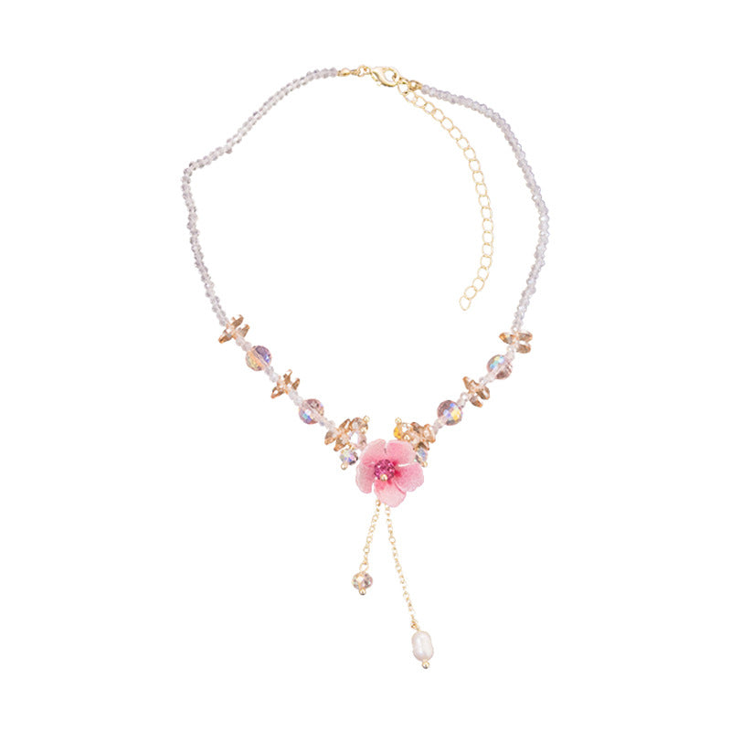 Female Crystal Diamond Flower Pearl Tassel Necklace