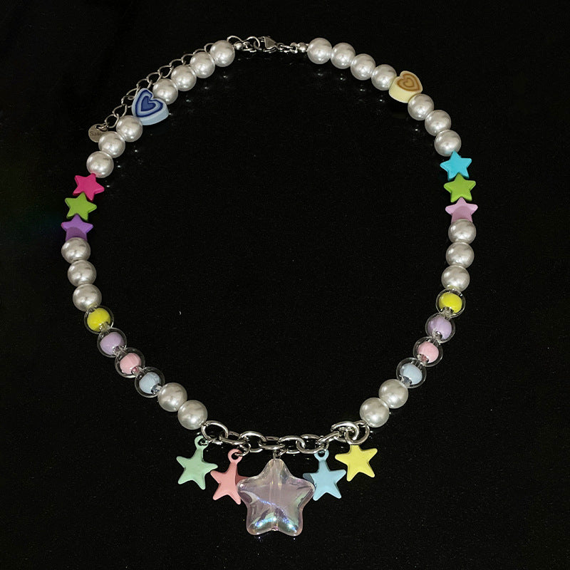 Colorful Five-pointed Star Stitching Pearl Necklace