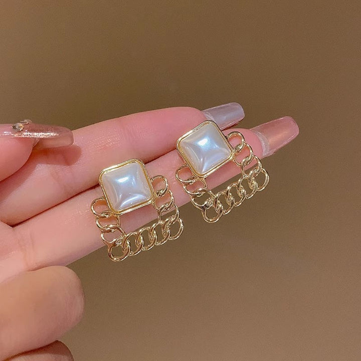 Fashion Chain Geometric Square Ear Studs Pearl Vintage