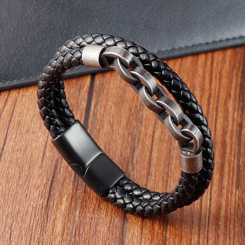 Black Genuine Leather Chain Bracelet Magnetic Buckle