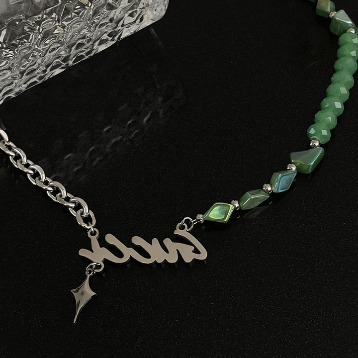 Titanium Steel Letter Splicing Green Stone Cross Necklace Female Light Luxury Minority Ins Hip Hop Sweet Cool Non-fading Clavicle Chain