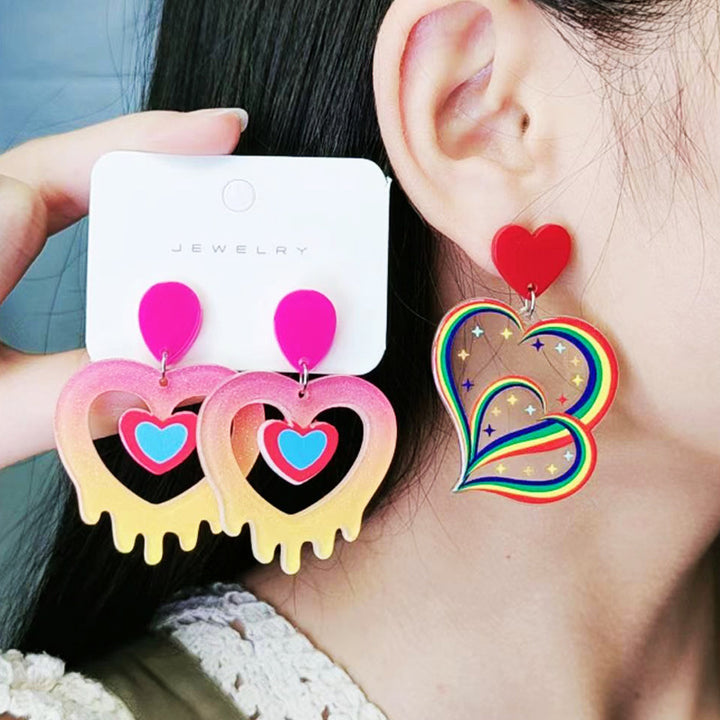 Acrylic Stitching Fashion Peach Heart Rainbow Earrings