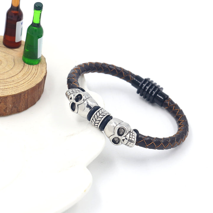 Men's Vintage Alloy Skull Woven Leather String Bracelet