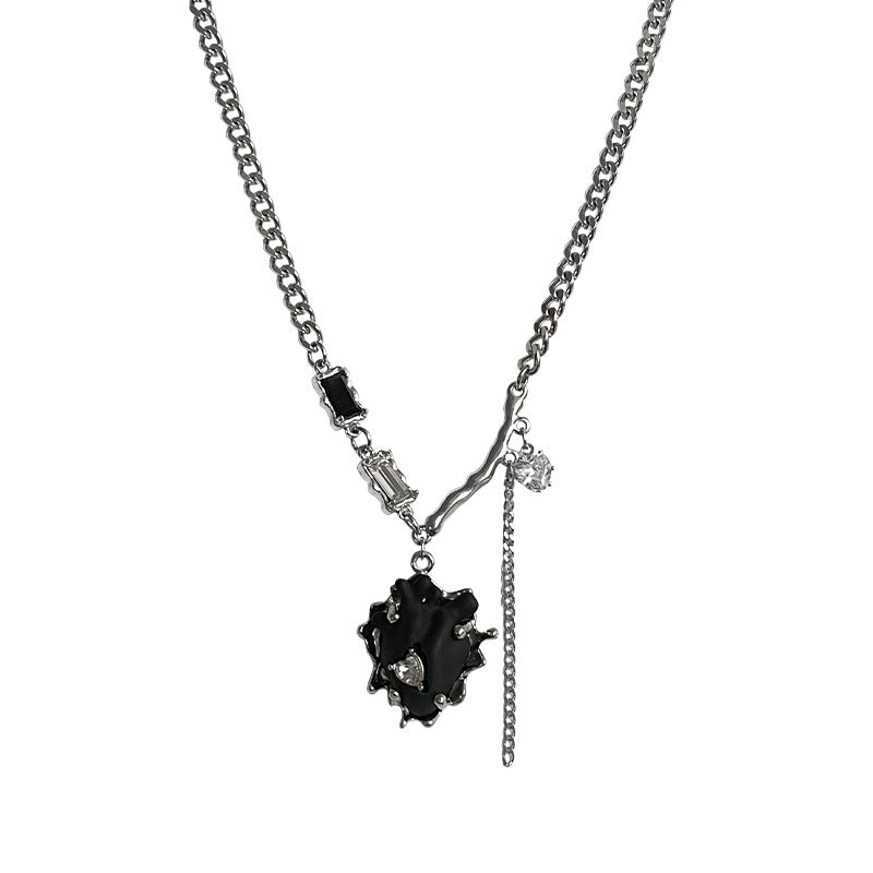 Special-interest Design Square Diamond Black Tassels Heart Necklace