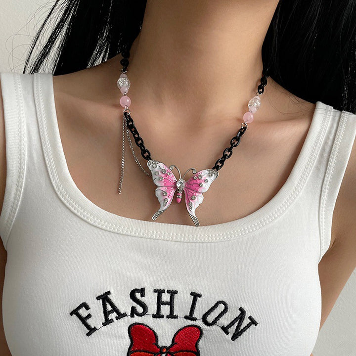 European And American Exaggerated Pink Butterfly Black Chain Necklace