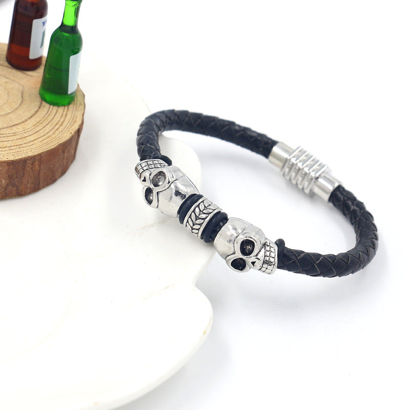 Men's Vintage Alloy Skull Woven Leather String Bracelet