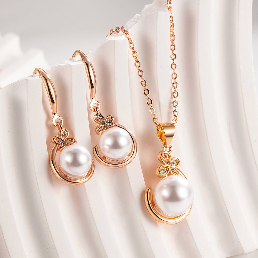 Simple Pearl Necklace Earrings Suit Women