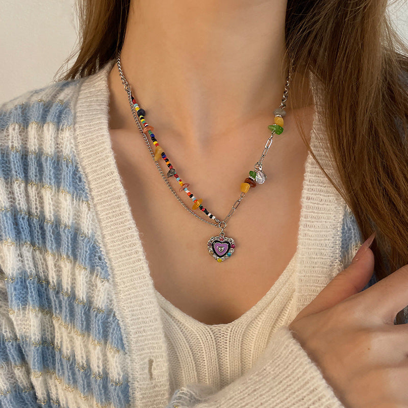 Colorful Gravel Beaded Stitching Love Necklace