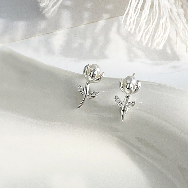 Women's Sterling Silver Pearl Leaf Stud Earrings