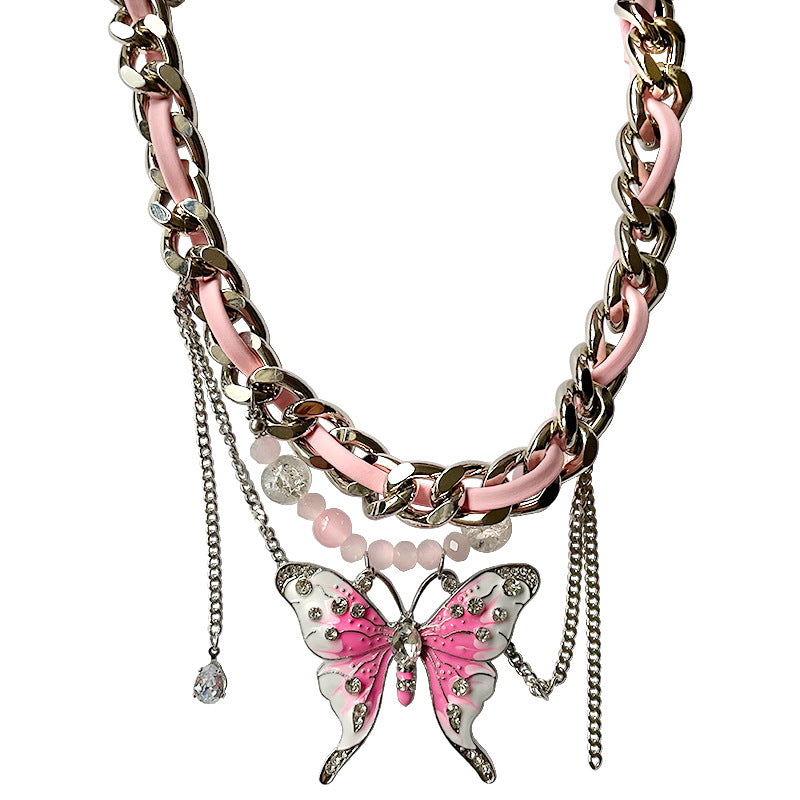 European And American Exaggerated Heavy Industry Pink Butterfly Woven Necklace