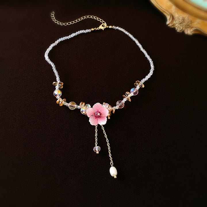 Female Crystal Diamond Flower Pearl Tassel Necklace