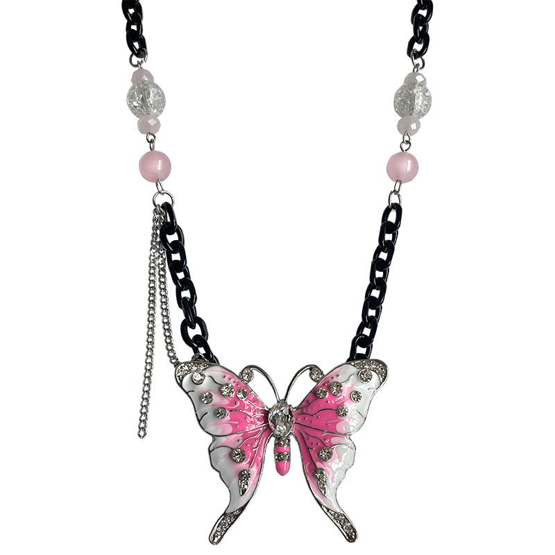 European And American Exaggerated Pink Butterfly Black Chain Necklace